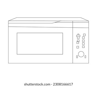 Modern microwave oven with open and closed door and lit lamp inside. Kitchen electric appliance for cooking food. Vector file, line art.