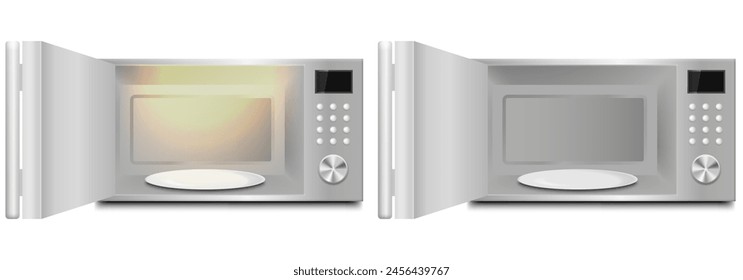 Modern microwave oven with open and closed door and lit lamp inside. Kitchen electric appliance for cooking food. Vector illustration. Eps 10.