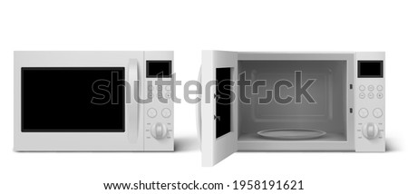 Modern microwave oven with open and closed door. Kitchen electric appliance for cooking and defrost food. Vector realistic 3d empty white microwave oven with display, buttons and glass plate