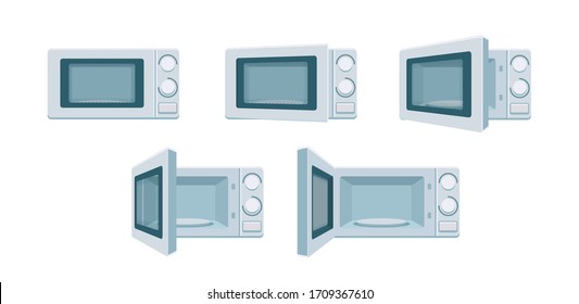 Modern microwave set ready for animation. Open and close oven poses in front view. Degree of openness Cooking stove, vector kitchen appliance. Digital concept illustration isolated on white background