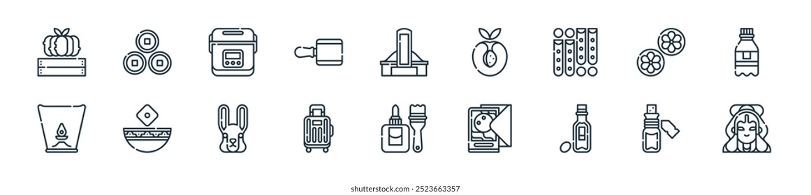 modern mid autumn festival icon pack. perfect for linear ui designs featuring vector chang e, elixir of life, olive oil, card, handcraft, suitcase, jade rabbit and more icons for mobile and web