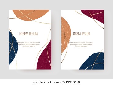 Modern mid century invitation templates with gold border and texture shapes.
