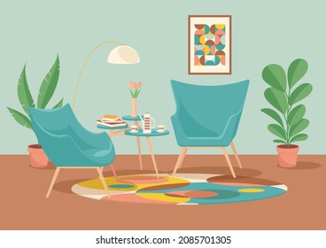 Modern midcentury interior with chairs, coffee table, lamp, carpet, poster, houseplants. Beautiful launge zone in living room. Trendy minimalistic comfortable home