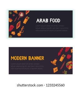 Modern middle eastern menu banner set in sketch style with Kebab, Dolma, Shakshuka, shisha. Freehand vector doodles isolated on dark background