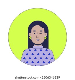 Modern middle eastern woman in pattern sweater 2D linear vector avatar illustration. Arab female cartoon character face portrait. Corporate employee casual flat color user profile image isolated