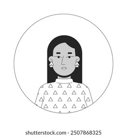 Modern middle eastern woman in pattern sweater black and white 2D vector avatar illustration. Arab female outline cartoon character face isolated. Corporate casual flat user profile image portrait