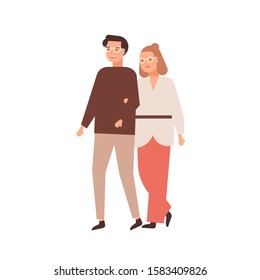 Modern middle-aged couple flat vector illustration. Marrieds, wedded pair, husband and wife. Relationship, family walk, love and tenderness concept. Man and woman with glasses cartoon characters.