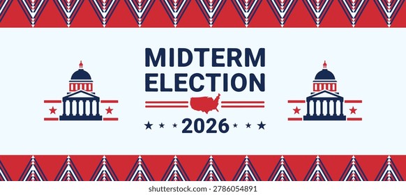 Modern Midterm Election 2026 banner design featuring patriotic American red, white, and blue wave elements with clean political campaign typography. This creative election banner template is perfect for voting campaigns, political promotions, social media covers, website headers, civic awareness posts, and election event branding. The dynamic USA-inspired layout combines bold typography, abstract ribbon curves, and patriotic graphic elements to create a professional and eye-catching political design. Suitable for campaign advertisements, election marketing, patriotic events, democracy awareness content, and governmental promotional materials. High-quality vector style composition with elegant modern aesthetics for print and digital use.