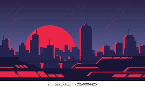 Modern midtown silhouette on sunset background horizontal illustration in flat style.