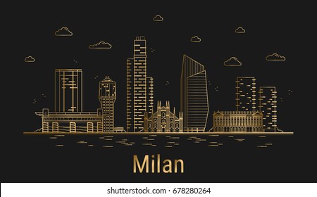 Modern Milan city line art, golden architecture vector illustration, skyline city, all famous buildings.