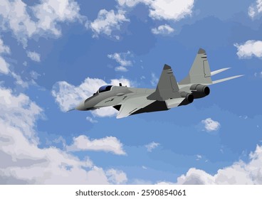 Modern military aircraft flying high above the clouds, demonstrating power and agility. Hand drawn Illustration