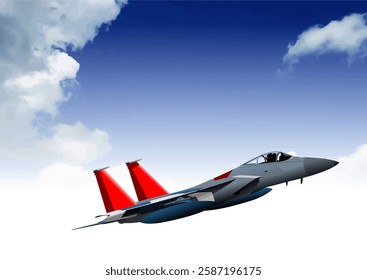 Modern military aircraft soaring through a cloudy blue sky. Hand drawn Illustration