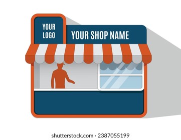Modern Mini Shop front view design in color Dark Blue and Red orange, Vector illustration isolated, eps