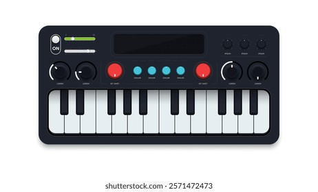 Modern mini synthesizer MIDI keyboard with minimalistic interface isolated. MIDI controller. Portable synthesizer, two octaves keyboard and knobs. Realistic vector illustration.