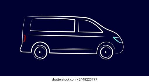 Modern minibus silhouette. White neon car silhouette on blue background for logo design, banner or marketing advertising. Vector illustration