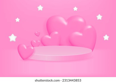 Moderne, minimale 3D-Vektorgrafik einer rosafarbenen Kulisse mit Podest und 3D-Herzen, die perfekt zum Feiern von Jahrestagen, Flitterwochen, Valentinstag und Hochzeiten geeignet sind. Ideal für Flyer, Banner