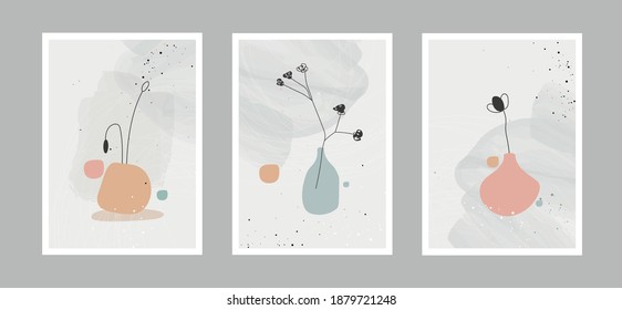 Modern or minimal abstract vases, leaves and flowers for posters, decor, invitation, greeting and card. Vector illustrations design.