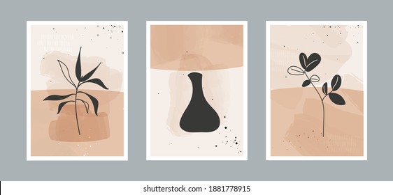 Modern or minimal abstract vases, leaves and flowers for posters, decor, invitation, greeting and card. Vector illustrations design.