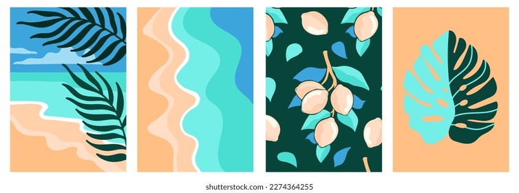 Juego de banner vertical mínimo abstracto moderno. Fondo del paisaje marino. Diseño interior. Gráfico vectorial simple. Fondo de verano.