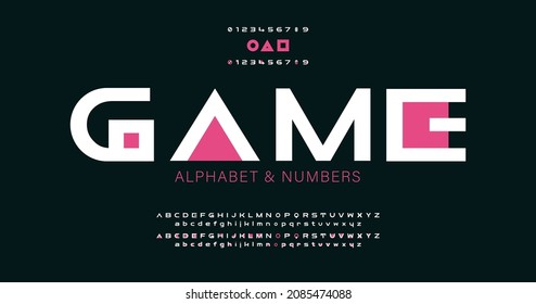 Modern minimal alphabet with pink geometric spots, circle, square, triangle, font, type for futuristic logo, headline, creative lettering and maxi typography. 