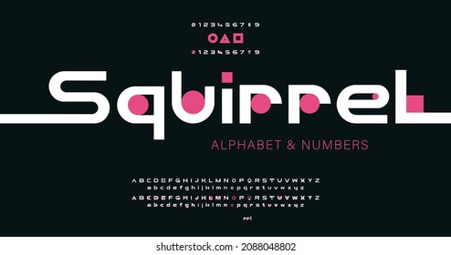 Alfabeto moderno mínimo con elementos sobresalientes y puntos geométricos rosados, círculo, cuadrado, triángulo, fuente, tipo para logo futurista, titular, letras creativas y maxi tipografía. 