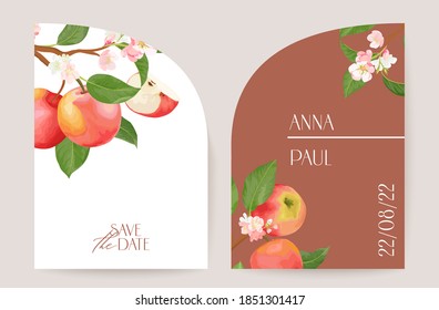 Modern minimal Art Deco wedding vector Invitation, botanical apple boho card. Fruit, leaves, tropic flowers poster, floral frame template. Save the Date foliage trendy design, luxury brochure