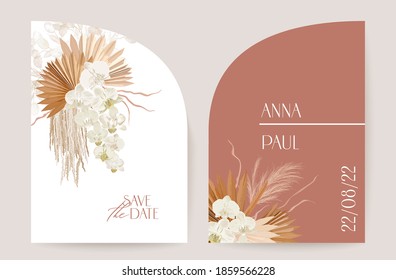 Modern minimal Art Deco wedding vector Invitation set. Boho orchid, pampas grass, lunaria card template.
Tropic flowers, palm leaves poster, floral frame. Save the Date trendy design, luxury brochure