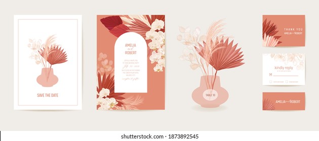 Modern minimal Art Deco wedding vector Invitation set. Boho orchid, pampas grass, lunaria card template.
Tropic flowers, palm leaves poster, floral frame. Save the Date trendy design, luxury brochure