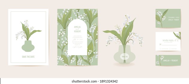 Modern minimal Art Deco wedding vector Invitation set. Boho lily flower card template.
Spring pastel flowers poster, floral frame. Save the Date trendy design, luxury brochure