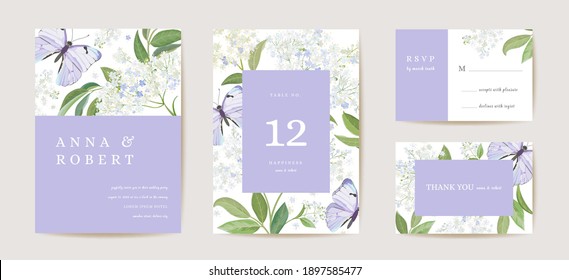 Modern minimal Art Deco wedding vector Invitation set. Boho white elderflower and butterfly card template. Spring flowers poster, floral frame. Save the Date trendy design, luxury brochure