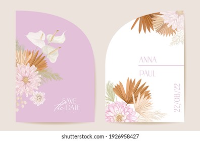 Modern minimal Art Deco wedding vector Invitation set. Boho dahlia, pampas grass, lunaria card template. Tropic flowers, palm leaves poster, floral frame. Save the Date trendy design, luxury brochure