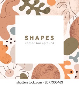 Modern minimal background with square frame of abstract geometric shapes. Card template design for social media posts with border of creative blobs and leaf. Colored flat graphic vector illustration