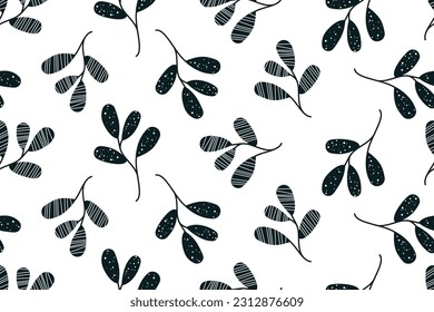Modern minimal botanical background with geometric elements. Seamless pattern of black and white leaves. Summer trend print. vector illustration