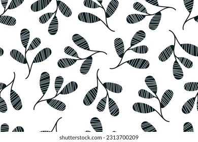 Modern minimal botanical background with geometric elements. Seamless pattern of black and white leaves. Summer trend print. vector illustration