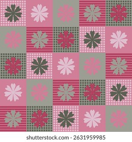 Modern Minimal Botanical seamless Pattern with flowers checkered