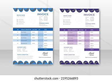 Modern and Minimal business invoice template design with2 color variation. Letterhead, invoice, business card and envelope set with line headers.