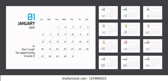 Modern minimal Calendar Planner Template for 2019. Vector design editable template with motivational quotes