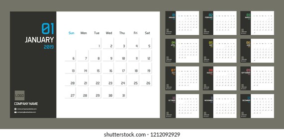 Moderno modelo de planejador calendário mínimo para 2019. Modelo editável de design vetorial com conjunto de 12 páginas para os doze meses. Semana começa domingo