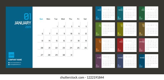 Modern minimal Calendar Planner Template for 2019. Vector design editable template with set of 12 pages for the twelve months.  Week starts sunday