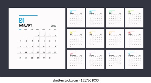 Modern minimal Calendar Planner Template for 2020. Vector design editable template