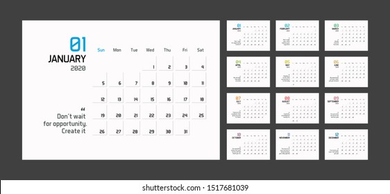 Modern Minimal Calendar Planner Template For 2020. Vector Design Editable Template With Motivational Quotes