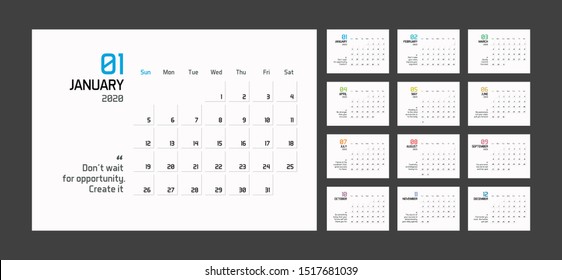 Modern minimal Calendar Planner Template for 2020. Vector design editable template with motivational quotes