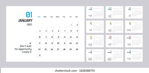 Moderne minimale Kalendervorlage für 2021. Bearbeitbare Vorlage für Vektordesign mit weisen Motivations-Anführungszeichen für den Erfolg