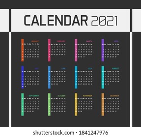 Modern minimal Calendar Planner Template for 2021. Vector design editable with twelve months. Week starts sunday