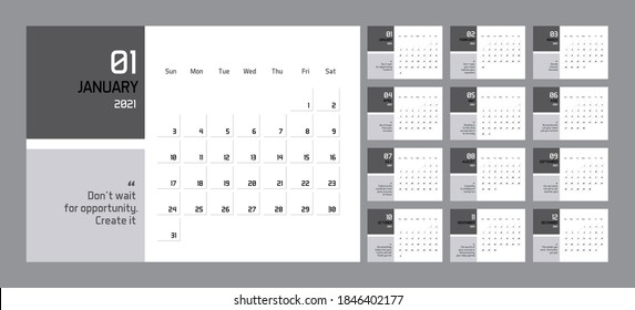 Modern minimal Calendar Planner Template for 2021. Vector design editable template with wise motivational quotes for success