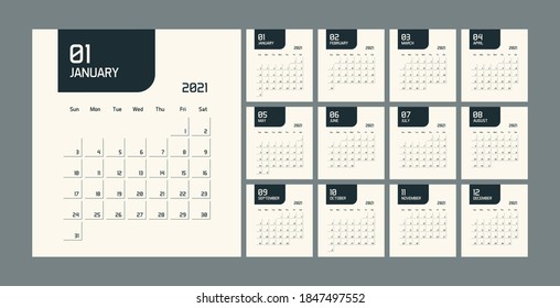 Modern minimal Calendar Planner Template for 2021. Vector design editable template