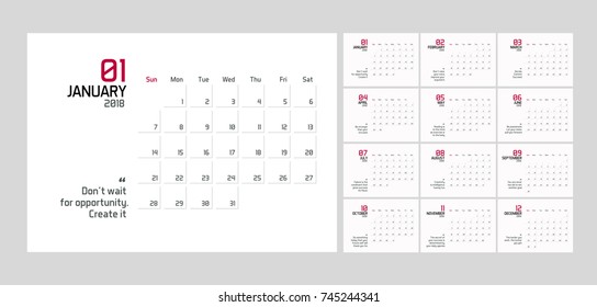 Moderno modelo de planejador de calendário mínimo para 2018 ano. Modelo editável de design vetorial com aspas sábias para o sucesso.
