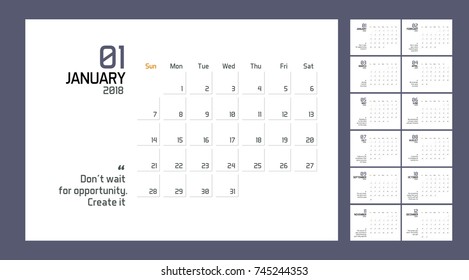 Moderna plantilla mínima de planificador de calendarios para el año 2018. Diseño de vectores plantilla editable con comillas inteligentes para el éxito.