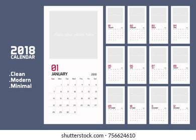 Modern minimal Calendar Planner Template for 2018. Vector clean and modern design editable template