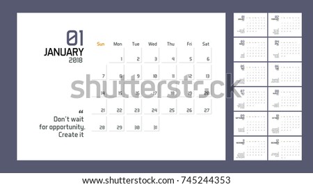 Modern minimal Calendar Planner Template for 2018 Year. Vector design editable template with wise quotes for success.